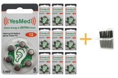 YesMed Extra Power 13 Numara İşitme Cihazı Pili (10 Paket x 6 Adet = 60 Adet Pil + HEDİYE İşitme Cihazı Uyumlu Çubuk Filtre, YesMed