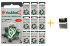 YesMed Extra Power 13 Numara İşitme Cihazı Pili (10 Paket x 6 Adet = 60 Adet Pil + HEDİYE İşitme Cihazı Uyumlu Çubuk Filtre, YesMed