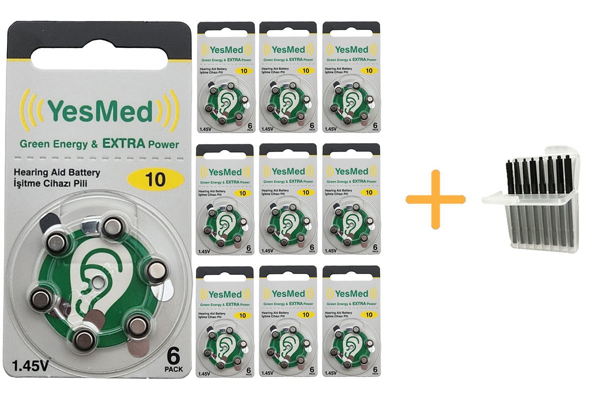 YesMed Extra Power 10 Numara İşitme Cihazı Pili (10 Paket x 6 Adet = 60 Adet Pil + HEDİYE İşitme Cihazı Uyumlu Çubuk Filtre, YesMed