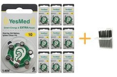 YesMed Extra Power 10 Numara İşitme Cihazı Pili (10 Paket x 6 Adet = 60 Adet Pil + HEDİYE İşitme Cihazı Uyumlu Çubuk Filtre, YesMed