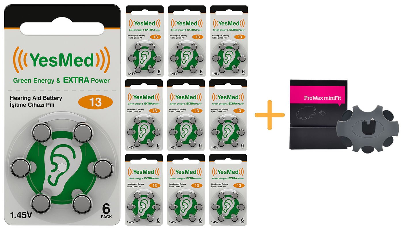 YesMed Extra Power 13 Numara İşitme Cihazı Pili, Kulaklık Pili, Duyma Pili, Kulak Pili, Kulak Cihazı Pili (10 Paket x 6 Adet = 60 Adet Pil) + HEDİYE İşitme Cihazı ProWax miniFit Filtre