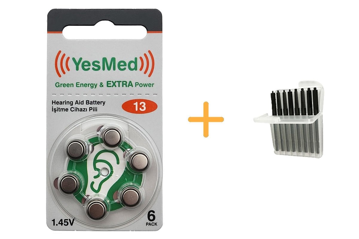 YesMed Extra Power 13 Numara İşitme Cihazı Pili (1 Paket = 6 Adet Pil) + HEDİYE İşitme Cihazı Çubuk Filtre, YesMed