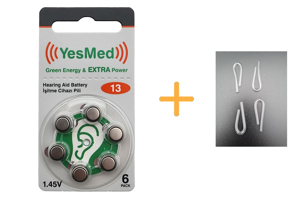YesMed Extra Power 13 Numara İşitme Cihazı Pili (1 Paket = 6 Adet Pil) + HEDİYE 4 Adet Orta-Standart boy İşitme Cihazı Hortumu, YesMed