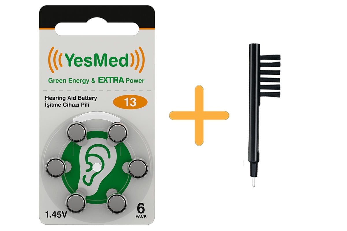 YesMed Extra Power 13 Numara İşitme Cihazı Pili (1 Paket = 6 Adet Pil) + HEDİYE Mıknatıslı İşitme Cihazı Temizleme Fırçası