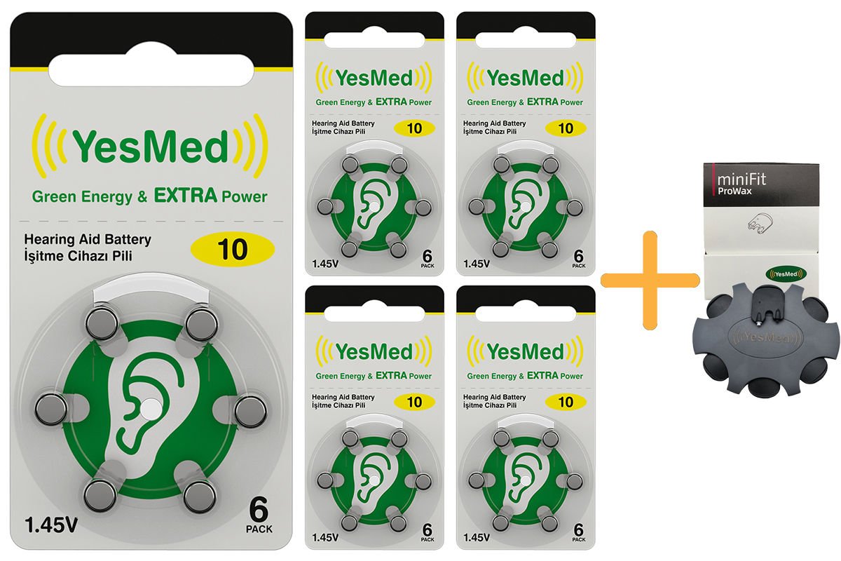 YesMed Extra Power 10 Numara İşitme Cihazı Pili (5 Paket x 6 Adet = 30 Adet Pil ) + HEDİYE YesMed miniFit ProWax Filtre