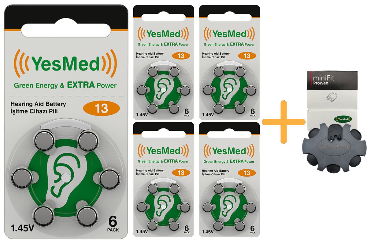 YesMed Extra Power 13 Numara İşitme Cihazı Pili (5 Paket x 6 Adet = 30 Adet Pil ) + HEDİYE YesMed miniFit ProWax Filtre