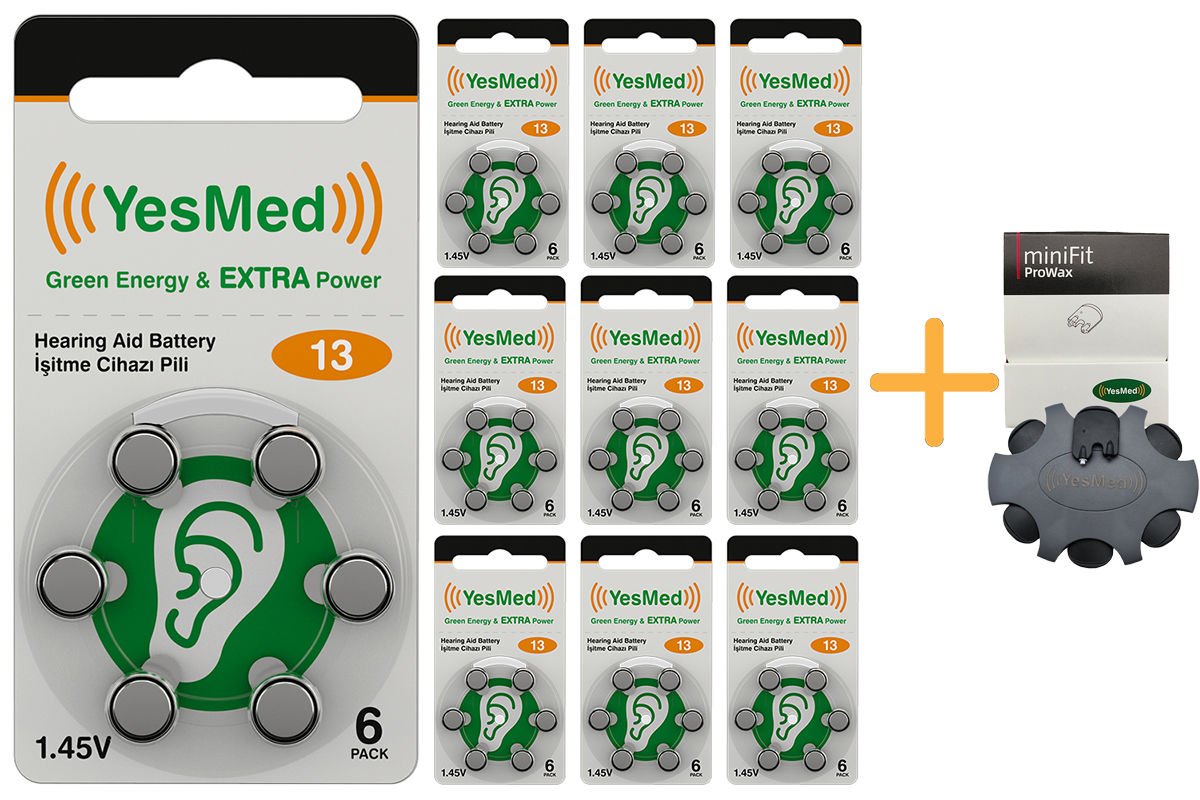 YesMed Extra Power 13 Numara İşitme Cihazı Pili (10 Paket x 6 Adet = 60 Adet Pil ) + HEDİYE YesMed miniFit ProWax Filtre