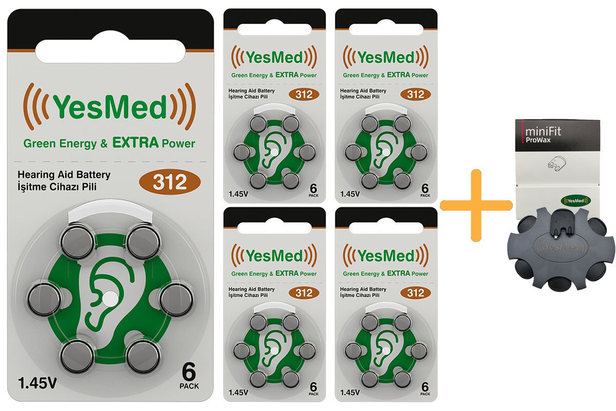 YesMed Extra Power 312 Numara İşitme Cihazı Pili (5 Paket x 6 Adet = 30 Adet Pil ) + HEDİYE YesMed miniFit ProWax Filtre