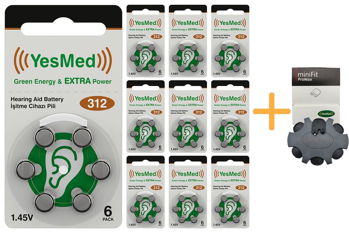 YesMed Extra Power 312 Numara İşitme Cihazı Pili (10 Paket x 6 Adet = 60 Adet Pil ) + HEDİYE YesMed miniFit ProWax Filtre