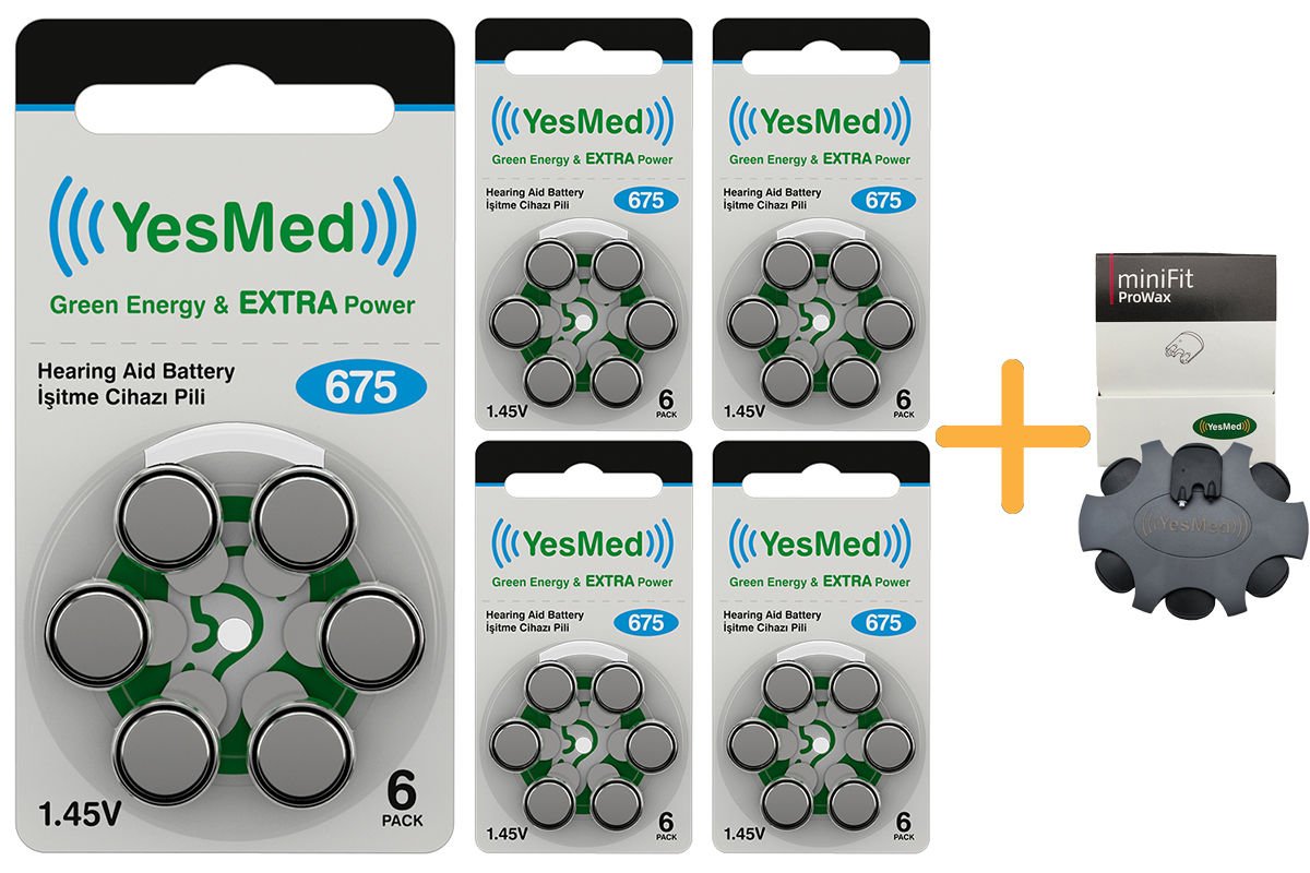 YesMed Extra Power 675 Numara İşitme Cihazı Pili (5 Paket x 6 Adet = 30 Adet Pil ) + HEDİYE YesMed miniFit ProWax Filtre