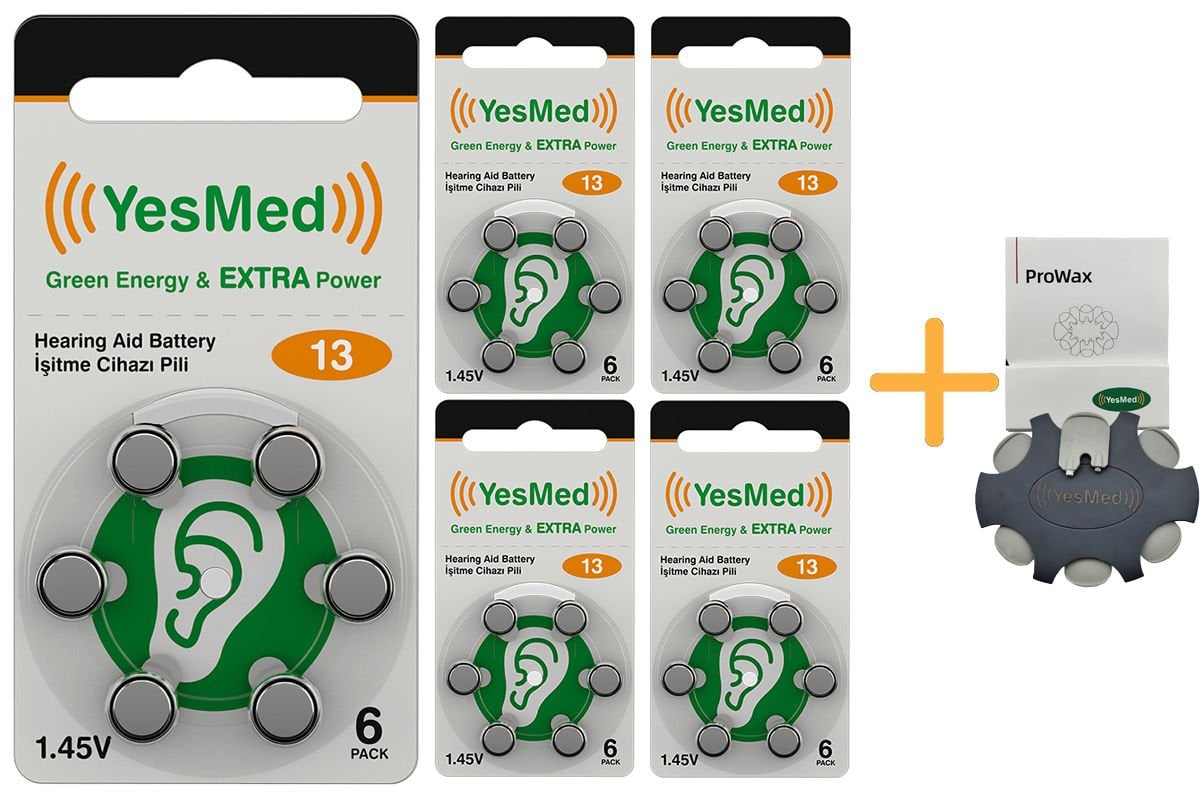 YesMed Extra Power 13 Numara İşitme Cihazı Pili (5 Paket x 6 Adet = 30 Adet Pil) + HEDİYE YesMed ProWax Filtre
