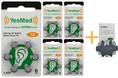 YesMed Extra Power 13 Numara İşitme Cihazı Pili (5 Paket x 6 Adet = 30 Adet Pil) + HEDİYE YesMed ProWax Filtre