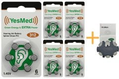 YesMed Extra Power 312 Numara İşitme Cihazı Pili (5 Paket x 6 Adet = 30 Adet Pil) + HEDİYE YesMed ProWax Filtre