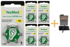 YesMed Extra Power 10 Numara İşitme Cihazı Pili (5 Paket x 6 Adet = 30 Adet Pil) + HEDİYE YesMed WaxStop Filtre