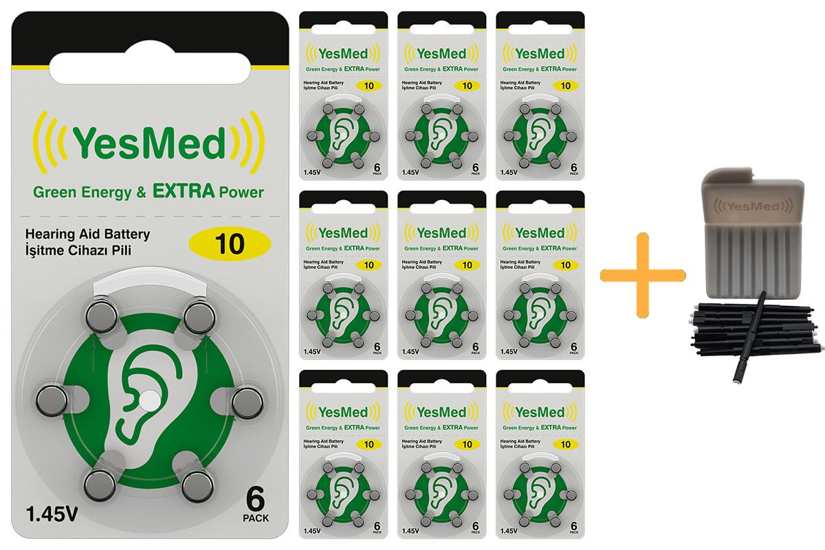 YesMed Extra Power 10 Numara İşitme Cihazı Pili (10 Paket x 6 Adet = 60 Adet Pil) + HEDİYE YesMed WaxStop Filtre