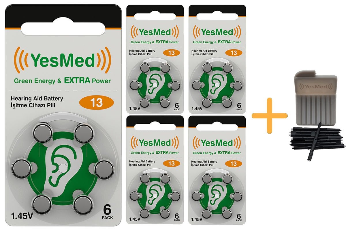 YesMed Extra Power 13 Numara İşitme Cihazı Pili (5 Paket x 6 Adet = 30 Adet Pil) + HEDİYE YesMed WaxStop Filtre
