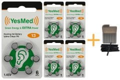 YesMed Extra Power 13 Numara İşitme Cihazı Pili (5 Paket x 6 Adet = 30 Adet Pil) + HEDİYE YesMed WaxStop Filtre