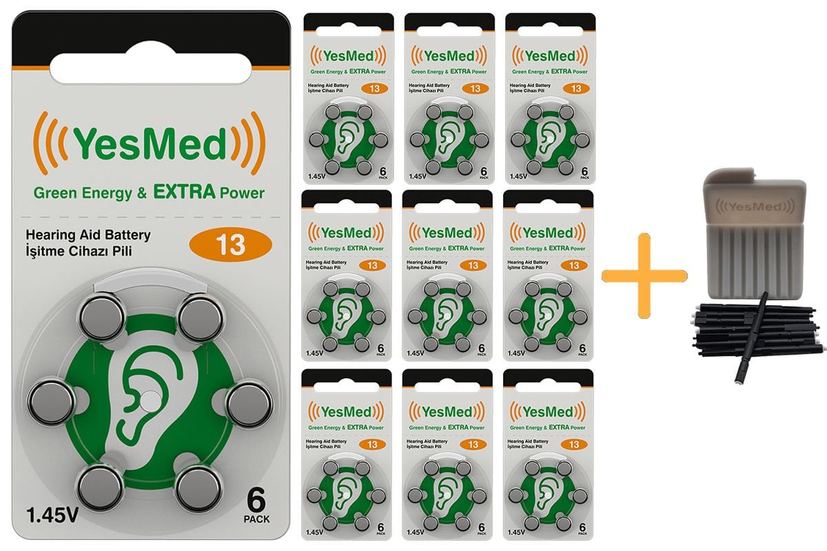 YesMed Extra Power 13 Numara İşitme Cihazı Pili (10 Paket x 6 Adet = 60 Adet Pil) + HEDİYE YesMed WaxStop Filtre