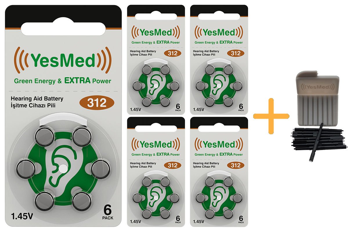 YesMed Extra Power 312 Numara İşitme Cihazı Pili (5 Paket x 6 Adet = 30 Adet Pil) + HEDİYE YesMed WaxStop Filtre