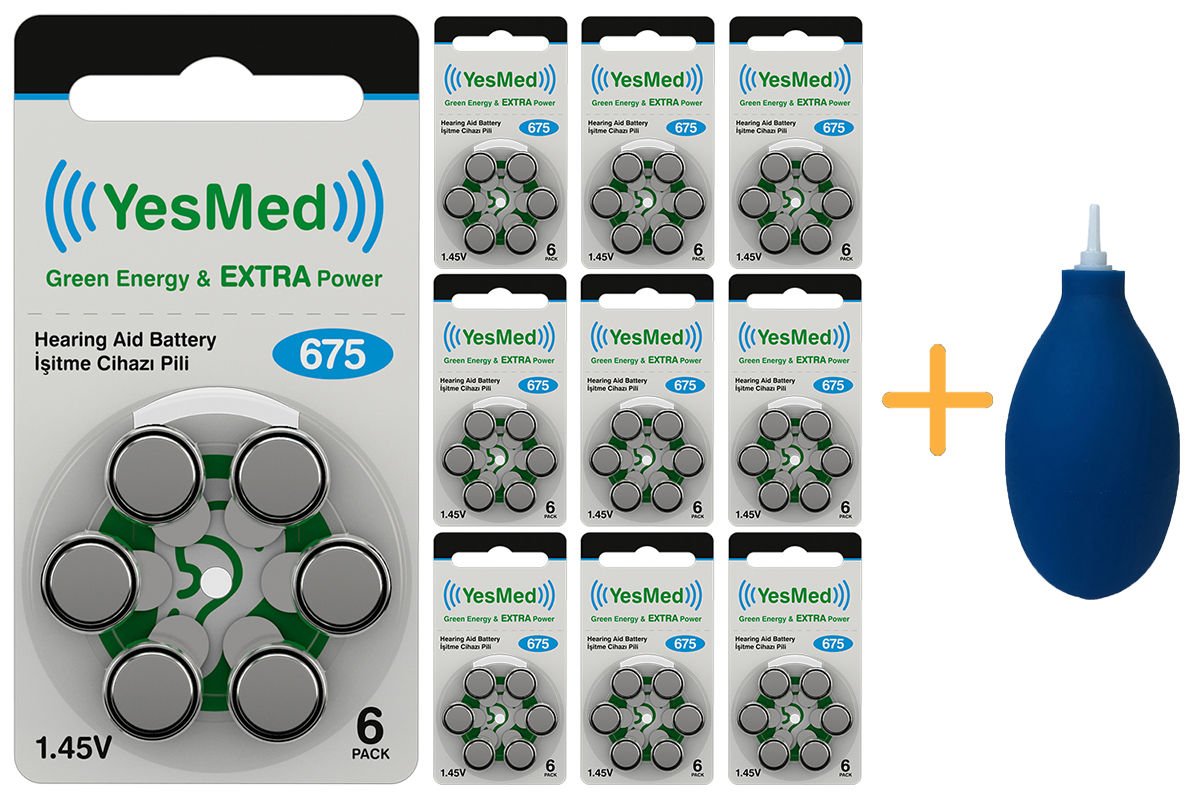 YesMed Extra Power 675 Numara İşitme Cihazı Pili (10 Paket x 6 Adet = 60 Adet Pil) + HEDİYE İşitme Cihazı El Pompası-Puar 1 Adet